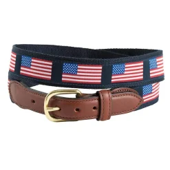 American Flags on Navy Motif Leather Tab Belt