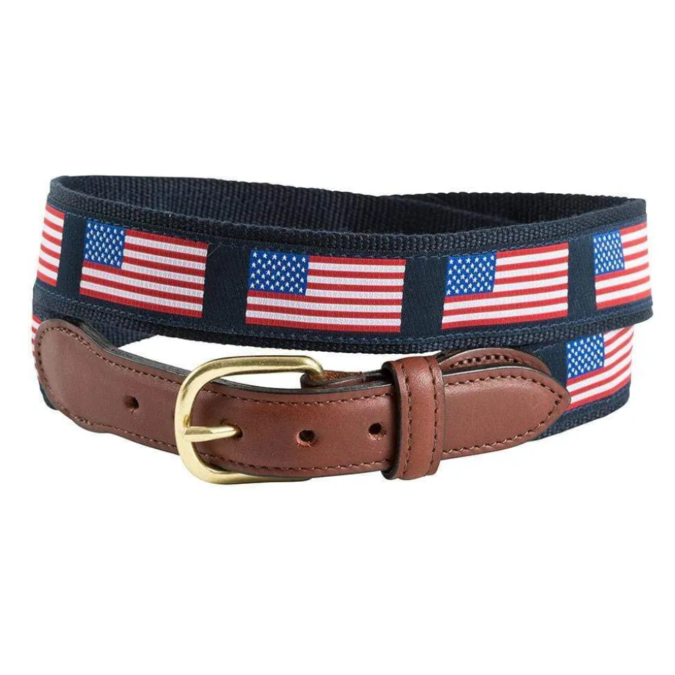 American Flags on Navy Motif Leather Tab Belt