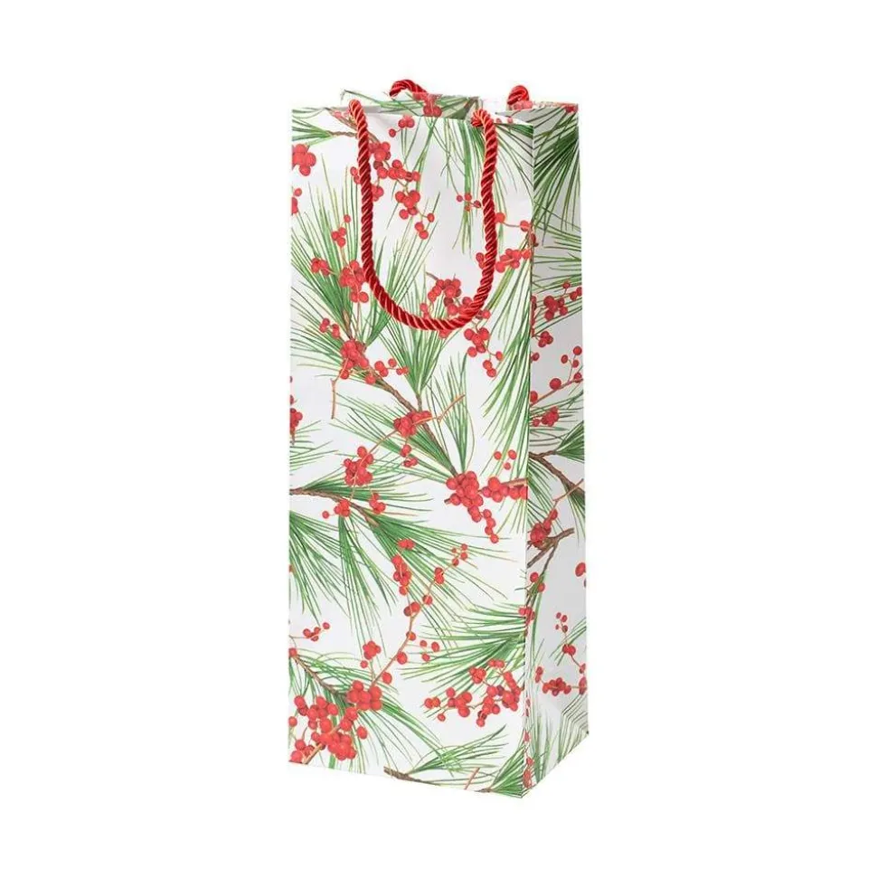 Berries and Pine Wine & Bottle Gift Bag in White - 1 Each