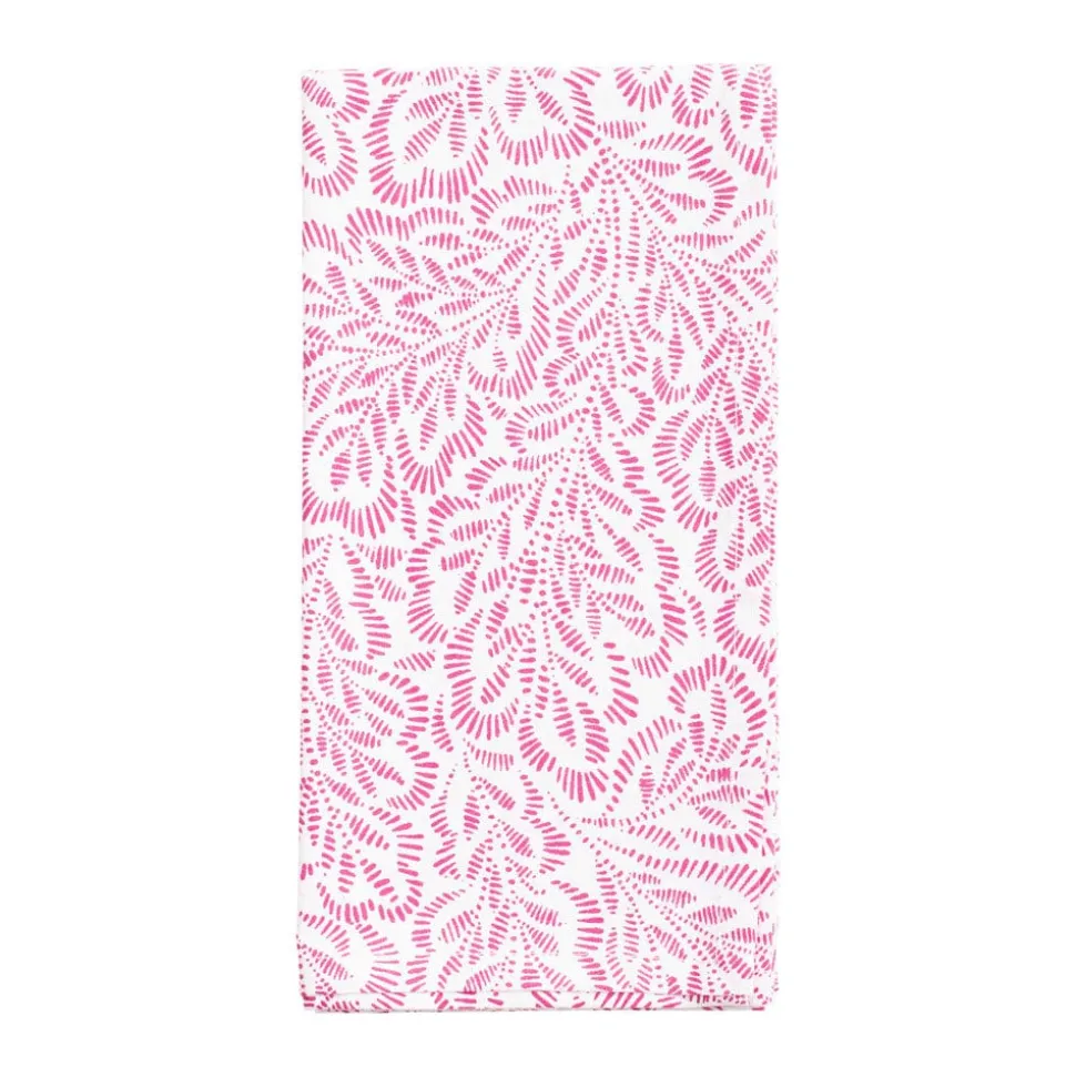 Block Print Leaves Cotton Dinner Napkins in Fuchsia & White - Set of 4, Three Sets