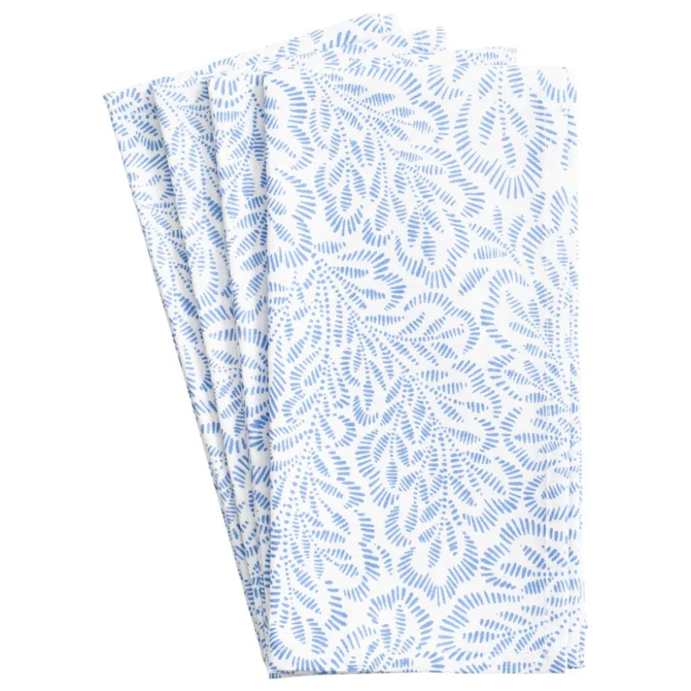Block Print Leaves Cotton Dinner Napkins in White & Blue - Set of 4