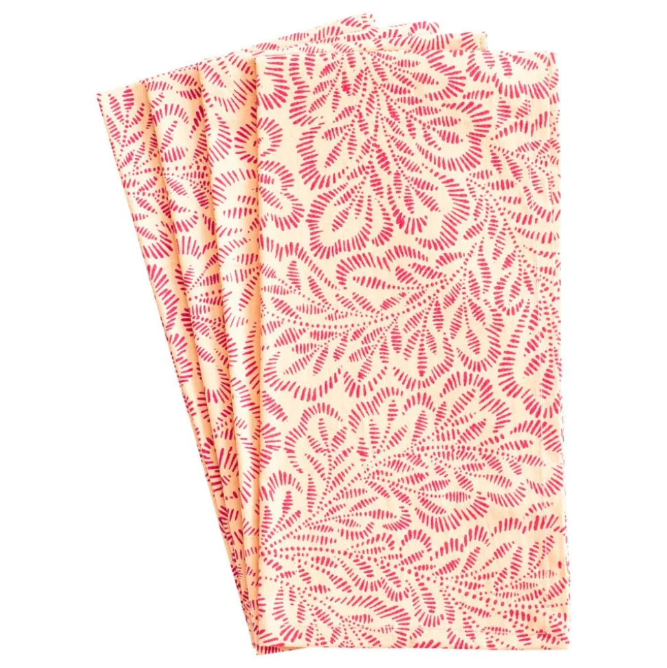Block Print Leaves Cotton Dinner Napkins in Coral & Fuchsia - Set of 4