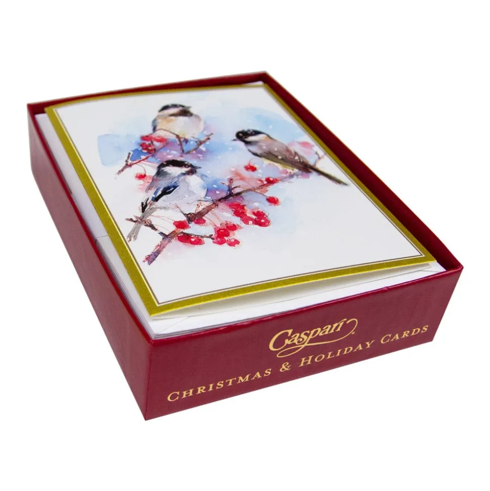 Chickadees And Berry Branches A-Size Boxed Christmas Cards - 15 Cards And Envelopes