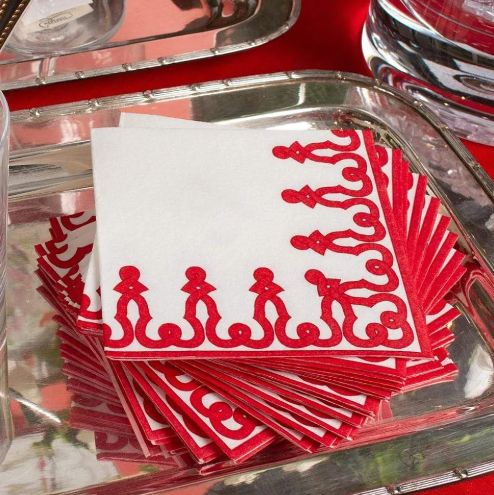 Dessin Passementerie Paper Linen Cocktail Napkins in Red - 15 Per Package