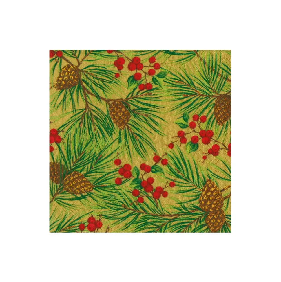 Evergreen and Berries Gold Cocktail Napkins - includes 20 Cocktail Napkins