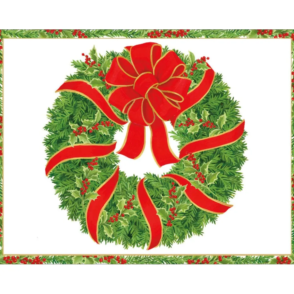 Evergreen Wreath With Red Ribbon Foil C-Sized Christmas Cards Pack in Cello - 5 Cards & 5 Envelopes