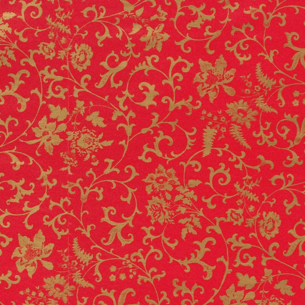 Flora Scrollwork Red & Gold Gift Wrap - One 30" X 8' Roll