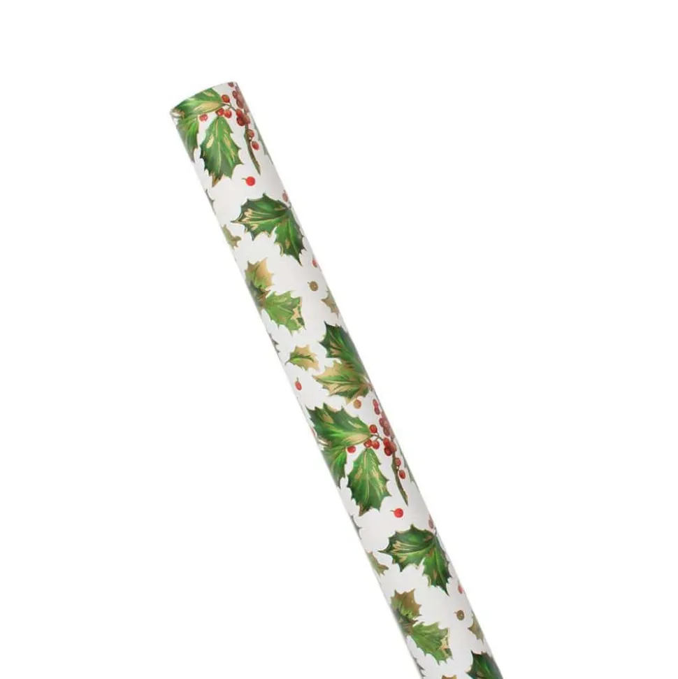 Gilded Holly Gift Wrapping Paper in White - 30" x 8' Roll