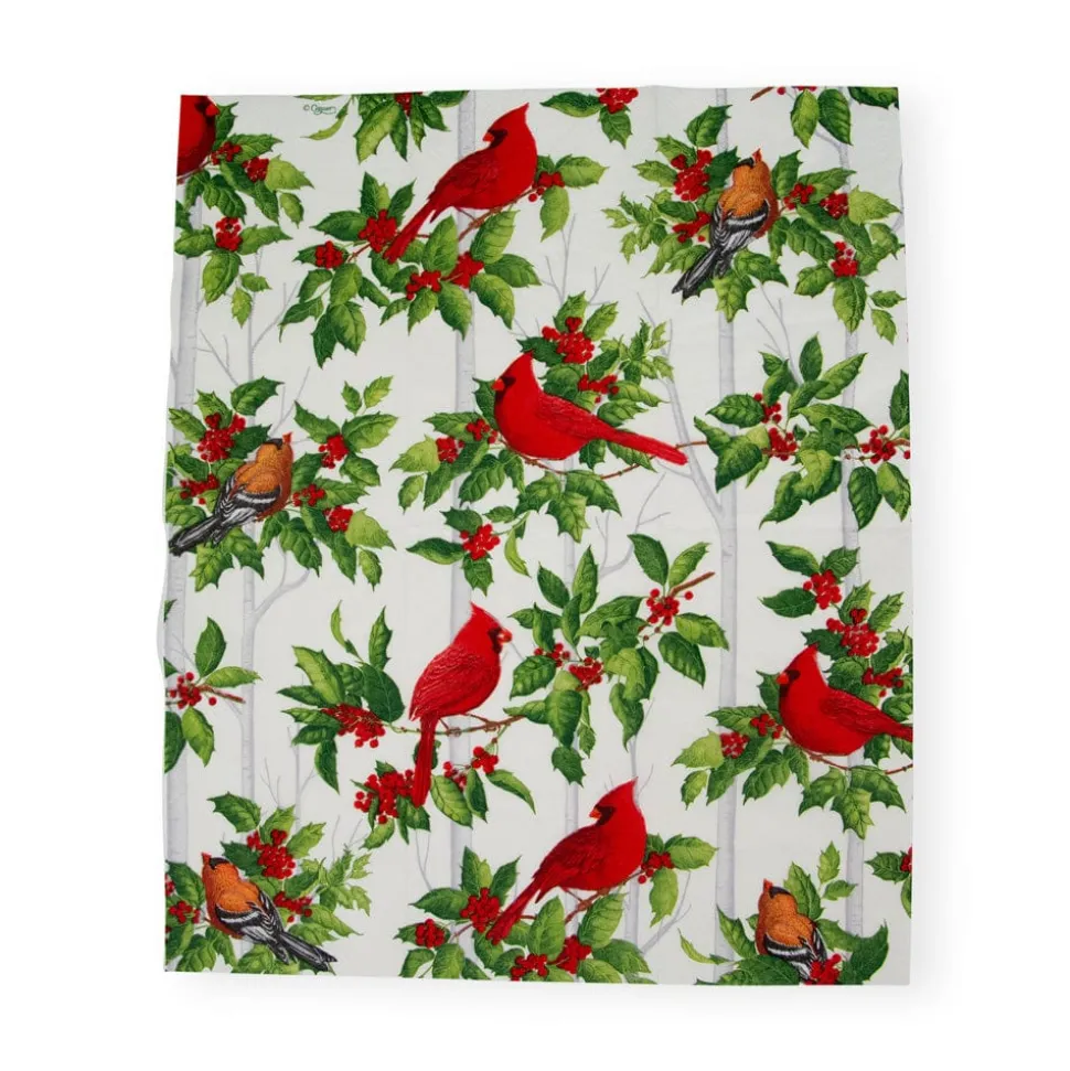 Holly And Songbirds White & Silver Guest Towel Napkins - 15 Per Package