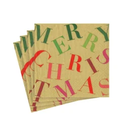 Merry Christmas Toss Paper Cocktail Napkins in Gold - 20 Per Package