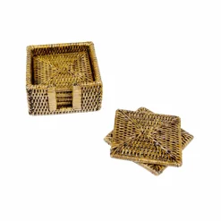 Rattan Square Coaster and Holder Set in Honey - Set of 6 Coasters and 1 Napkin Holder