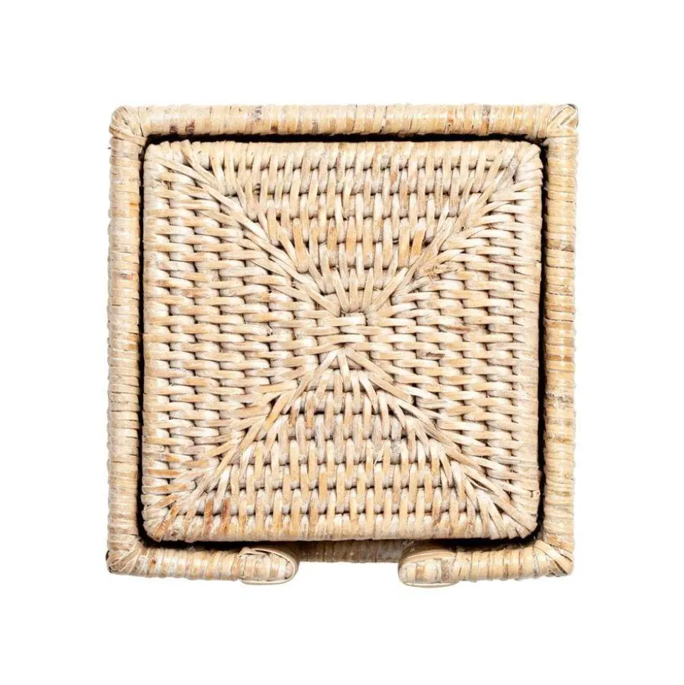 Rattan Square Coasters & Holder in White Natural - Set of 6