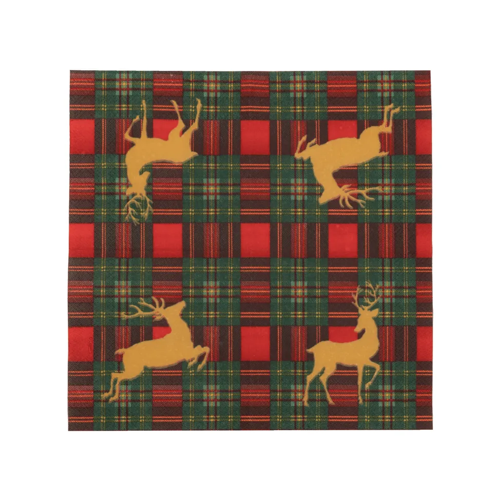 Reindeer Tartan Red Cocktail Napkins - includes 20 Cocktail Napkins