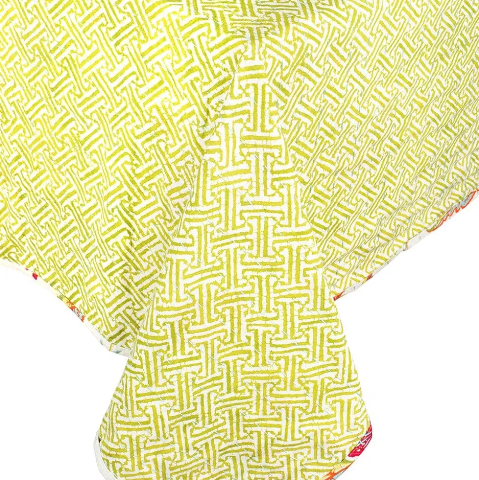 Reversible Kantha Table Cover in Passage to India & Green Fretwork - 1 Each