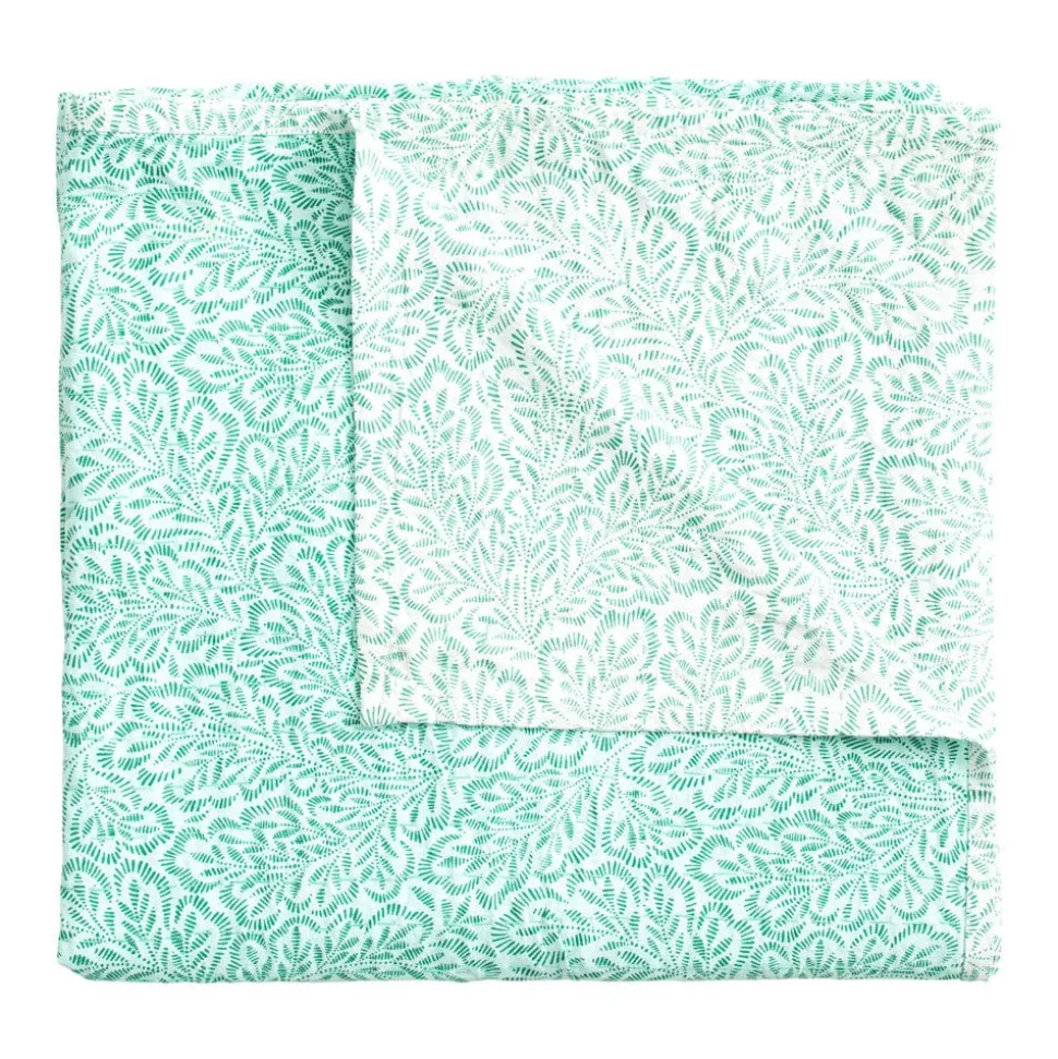 Reversible Kantha Table Cover in Green Block Print Leaves - 1 Each
