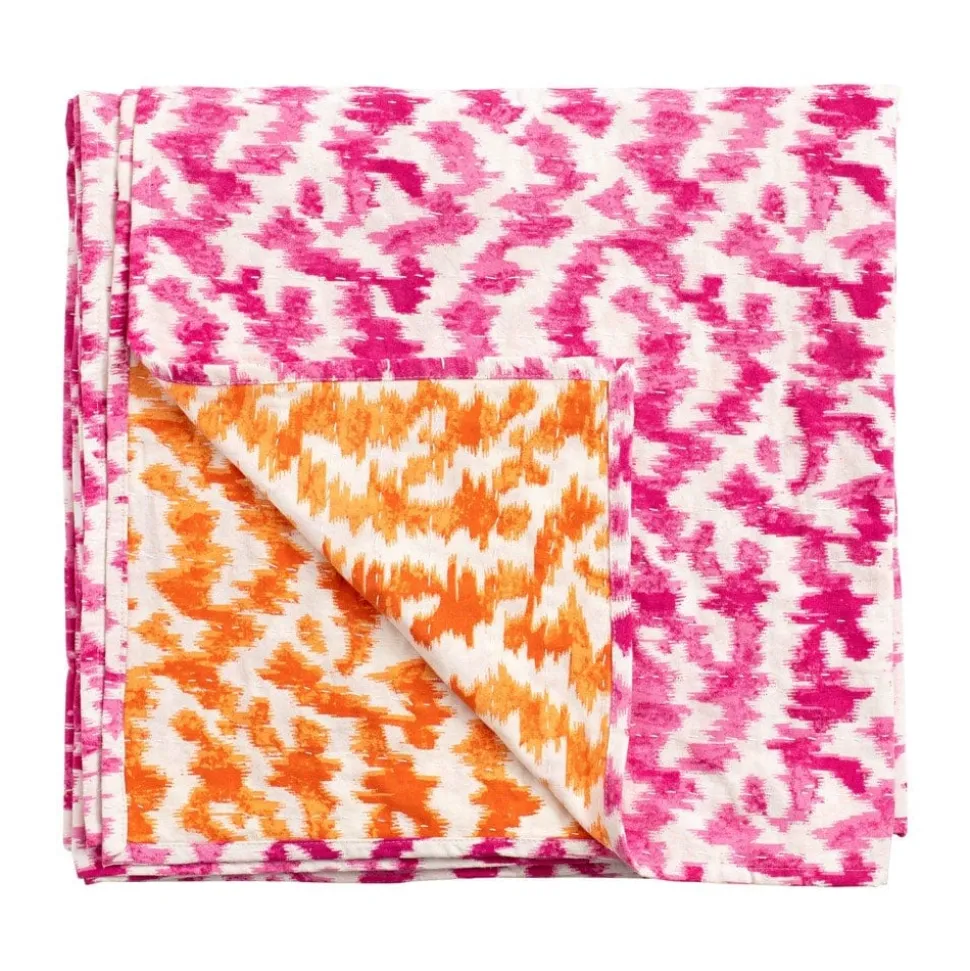 Reversible Kantha Table Cover in Orange & Fuchsia Modern Moiré - 1 Each