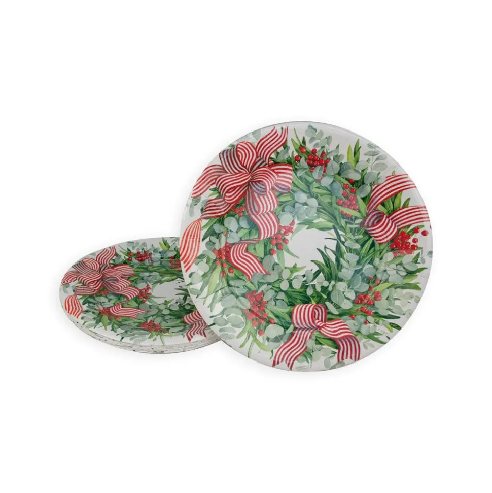 Ribbon Stripe Wreath Dinner Plates - 8 Per Package