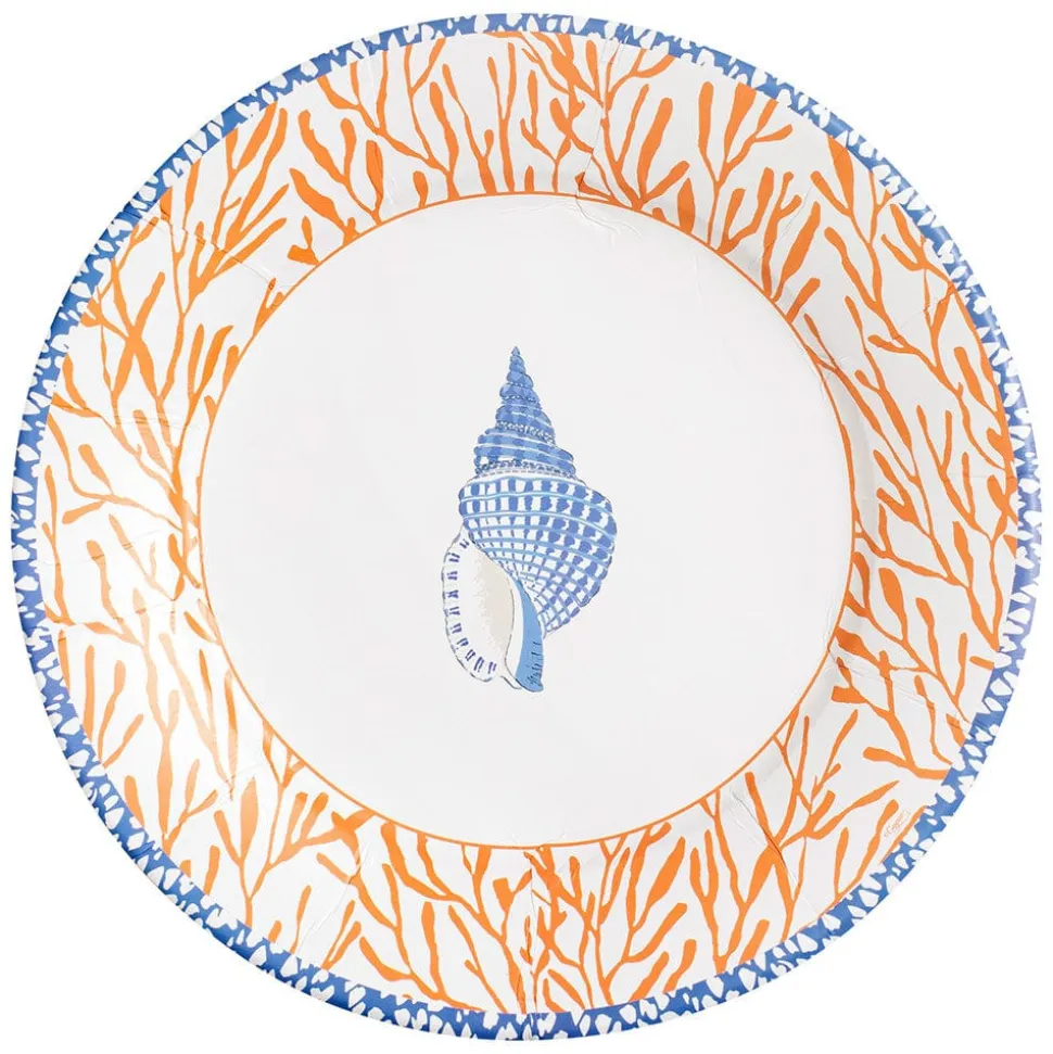 Shell Toile Dinner Plates in Coral & Blue - 8 Per Package