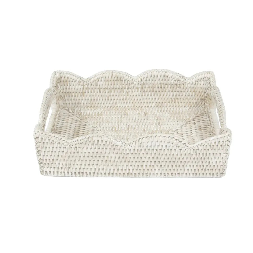 Small Scalloped Rattan Tray in Cream - 11.75"L x 7.75"W x 3.5"H