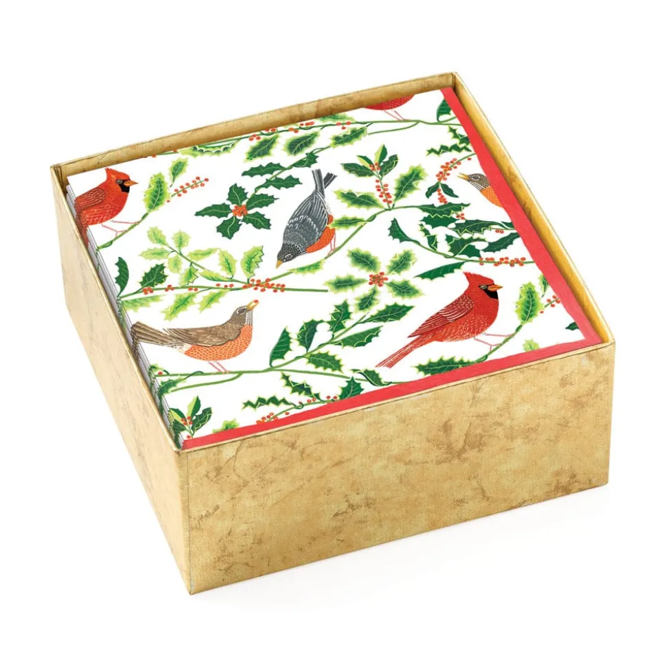 Songbirds and Holly Paper Cocktail Napkins in White - 40 Per Box