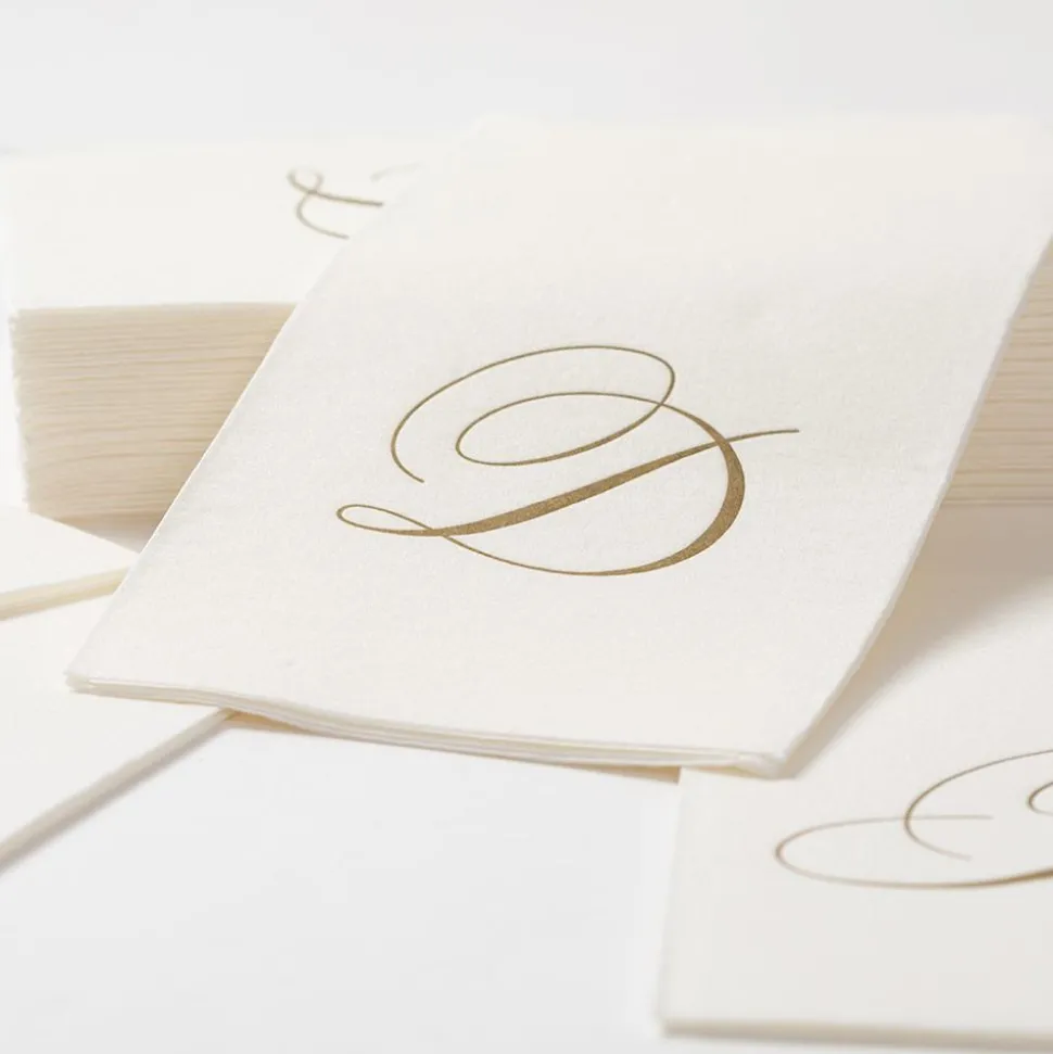 White Pearl & Gold Paper Linen Single Initial Boxed Guest Towel Napkins - 24 Per Package