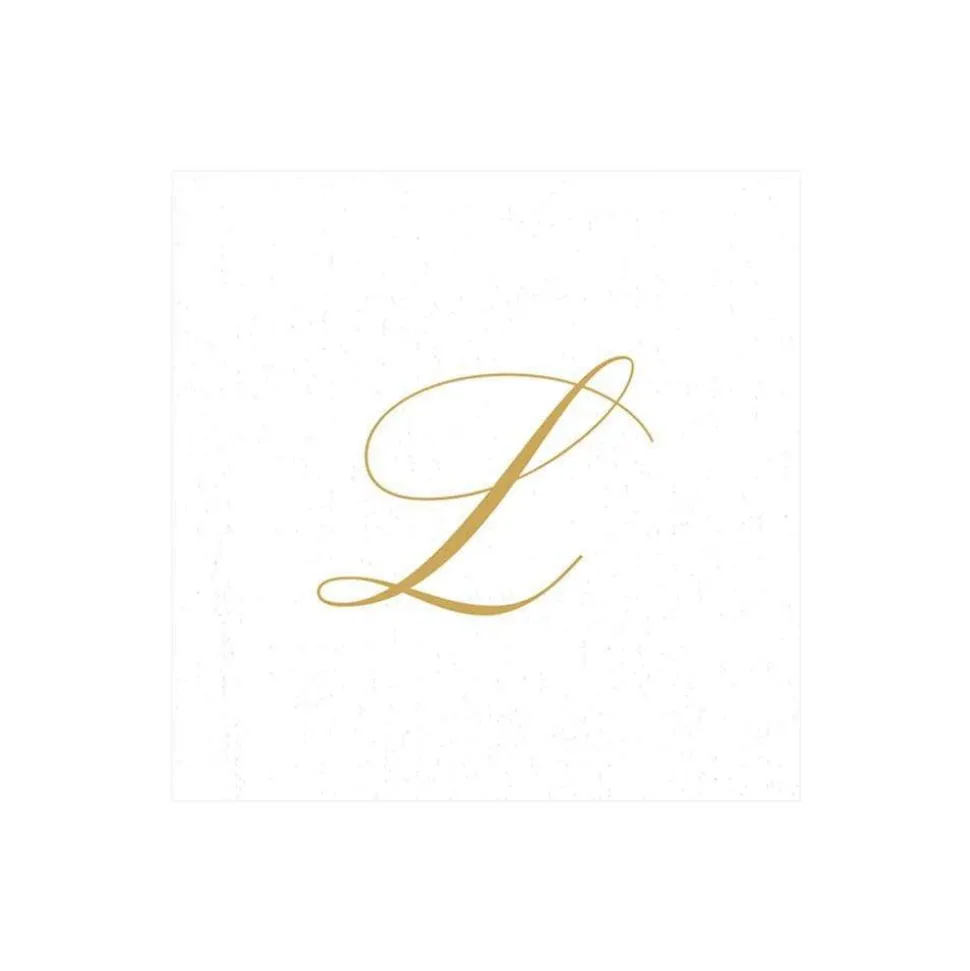 White Pearl & Gold Paper Linen Single Initial Boxed Cocktail Napkins - 30 Per Box