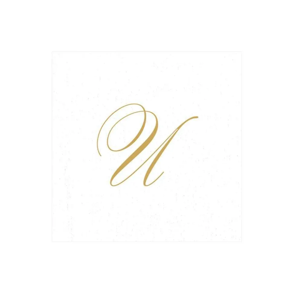 White Pearl & Gold Paper Linen Single Initial Boxed Cocktail Napkins - 30 Per Box