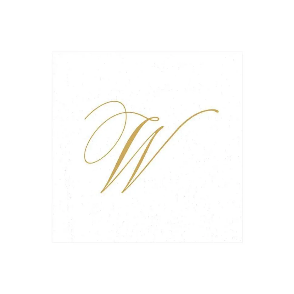 White Pearl & Gold Paper Linen Single Initial Boxed Cocktail Napkins - 30 Per Box