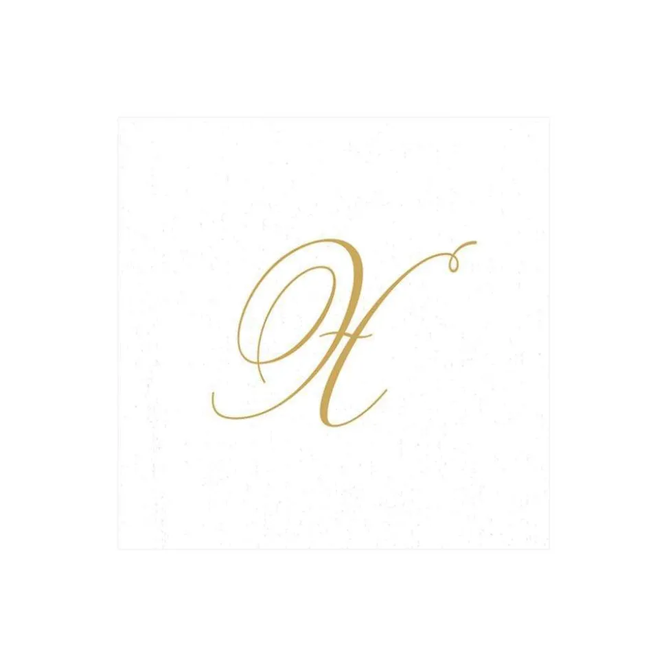 White Pearl & Gold Paper Linen Single Initial Boxed Cocktail Napkins - 30 Per Box