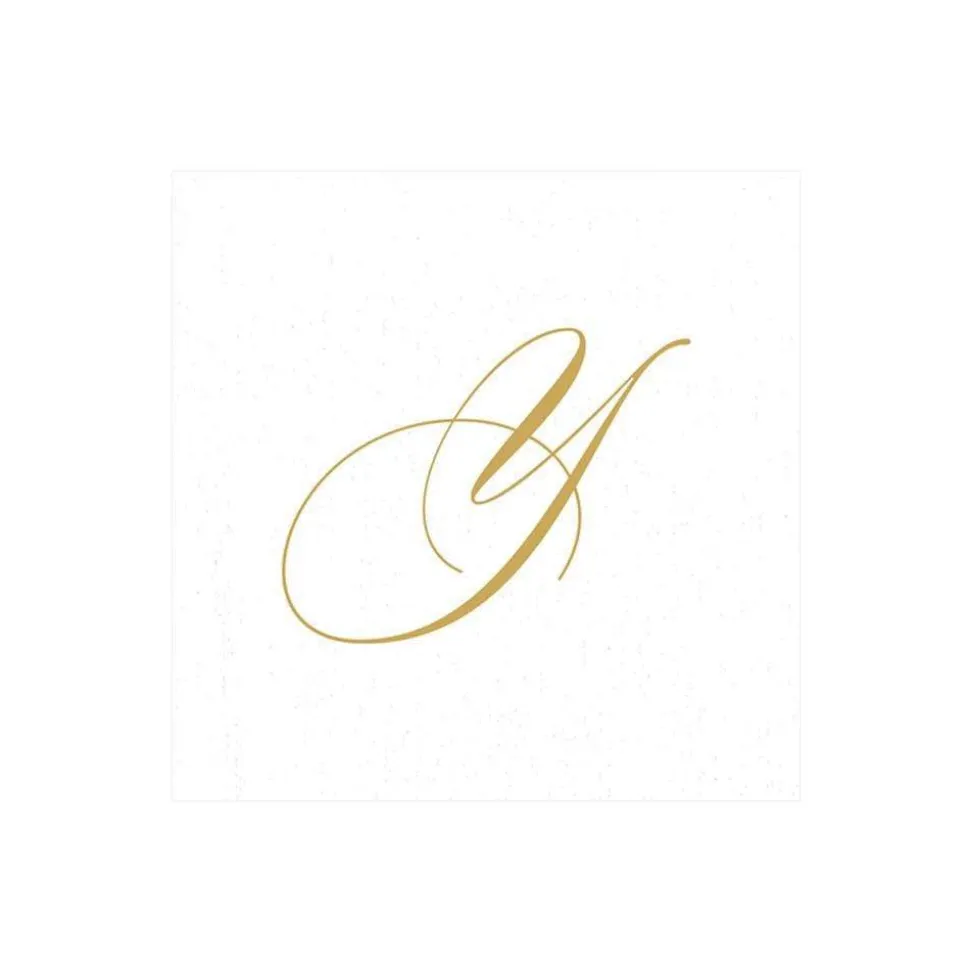 White Pearl & Gold Paper Linen Single Initial Boxed Cocktail Napkins - 30 Per Box