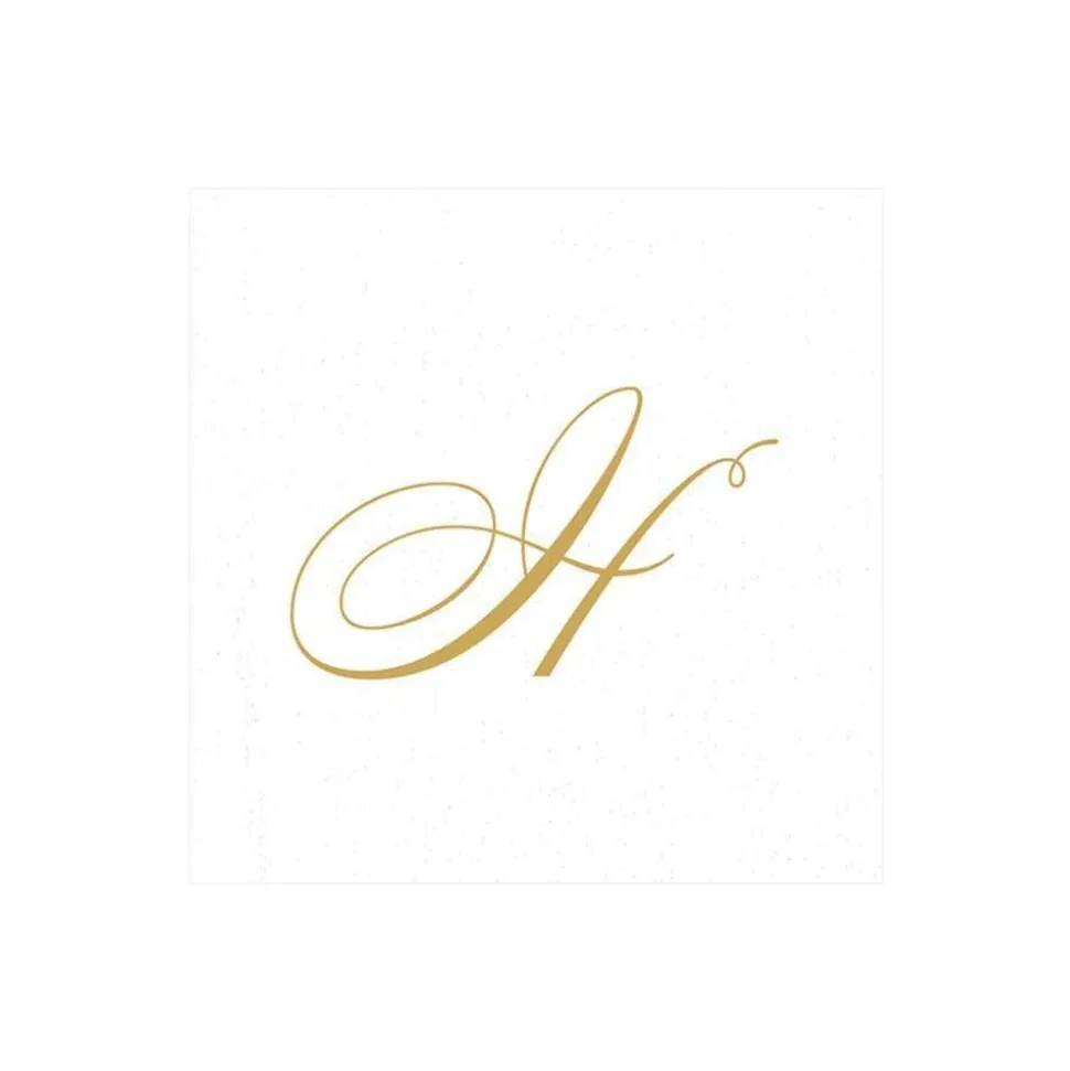 White Pearl & Gold Paper Linen Single Initial Boxed Cocktail Napkins - 30 Per Box